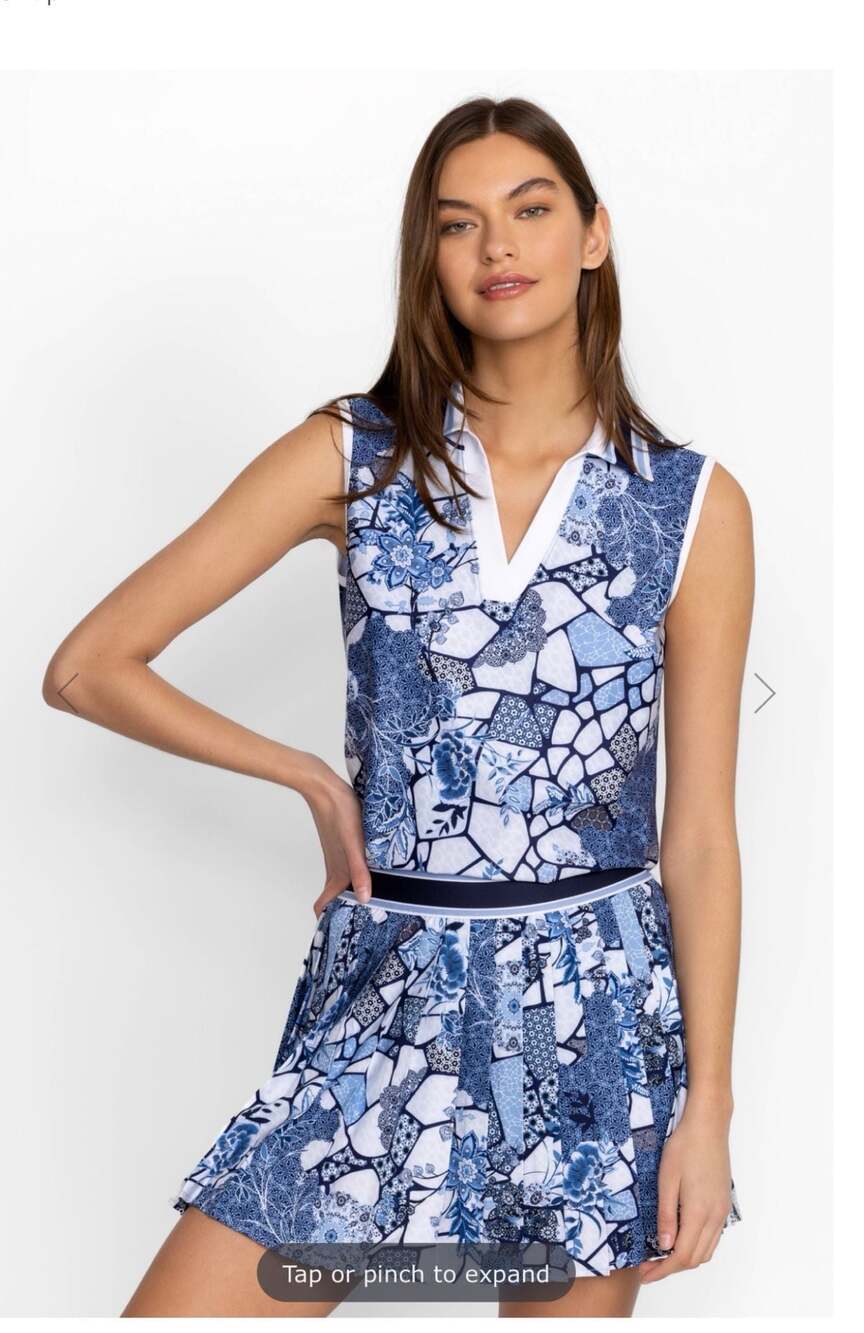 Johnny Was Active Sleeveless Polo Shirt Blue Floral Mosaic Print Size XS - Picture 9 of 10